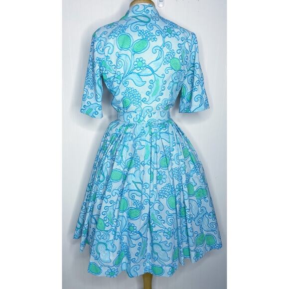 Vintage 50s/60s Bright Blue Green Floral Print A-Line Day Shirt Dress XS/S - Picture 5 of 5